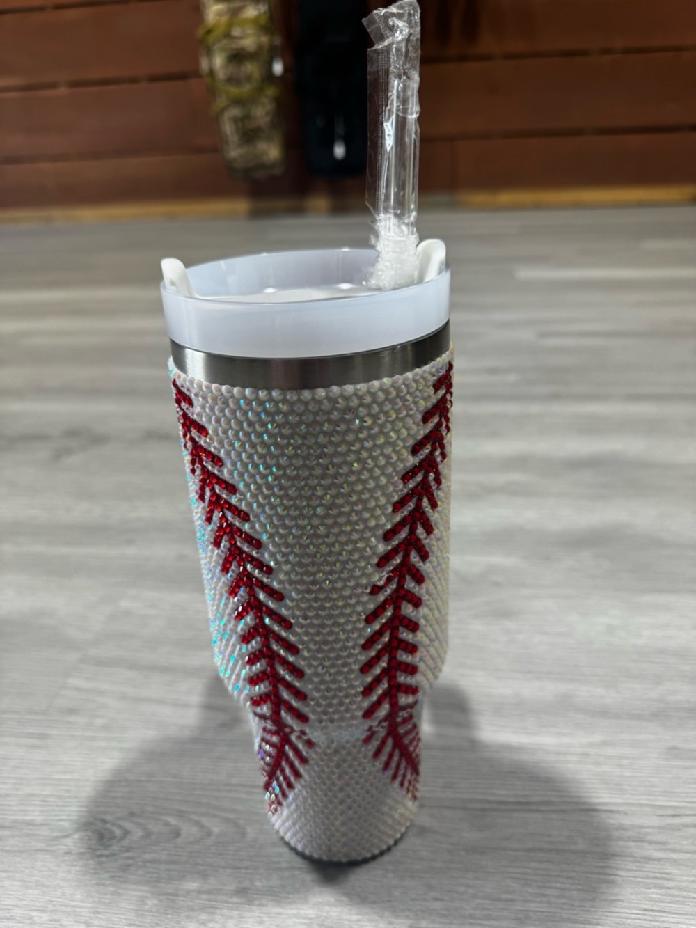 White and Red Rhinestone Baseball Tumbler - Unbranded